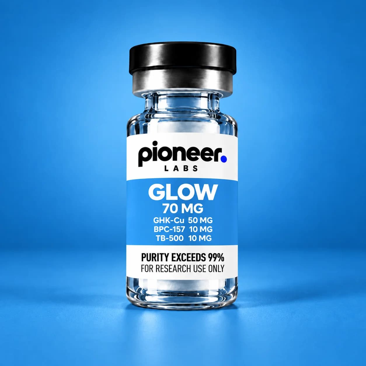 GLOW, clear glass vial with matching colored label and background