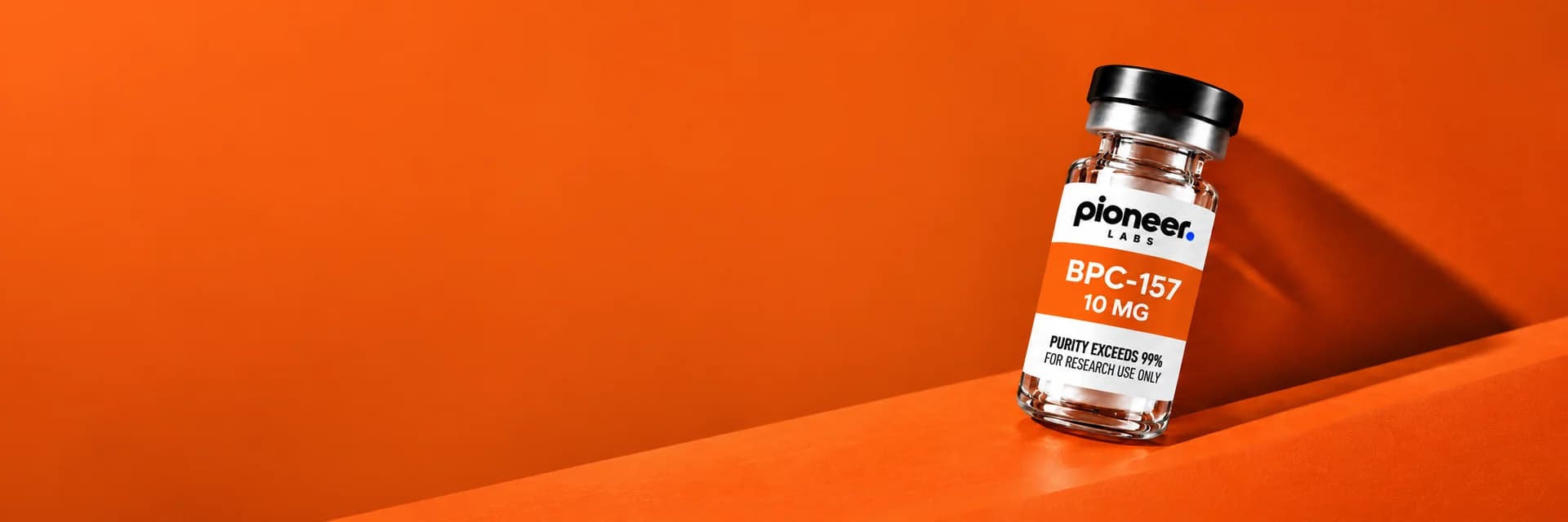 Pioneer Labs BPC-157 10 MG vial against an orange backdrop