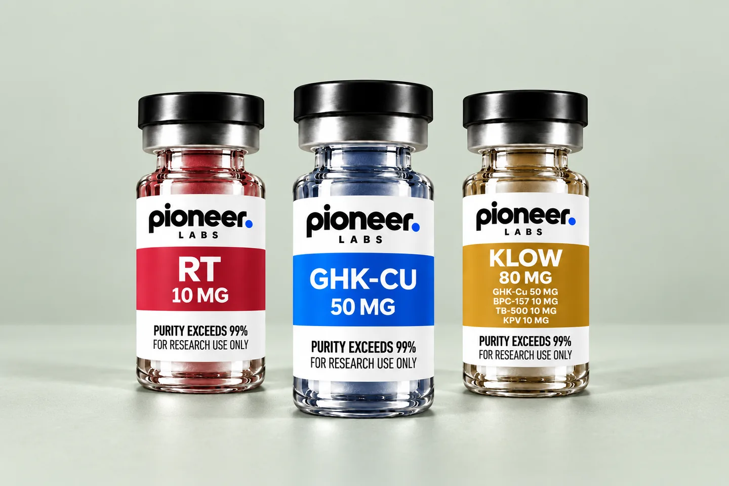 RT 10 MG, GHK-Cu 50 MG, and KLOW 80 MG vials together in an illustrative pack selection
